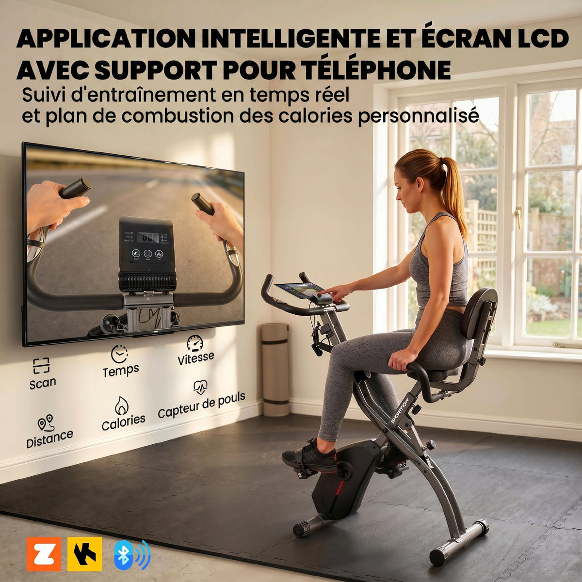 Vélo d'Appartement Pliable Vélo de Fitness 4 en 1 Silencieux Connecté Kinomap Bluetooth et Zwift 105x53,5x109cm Noir