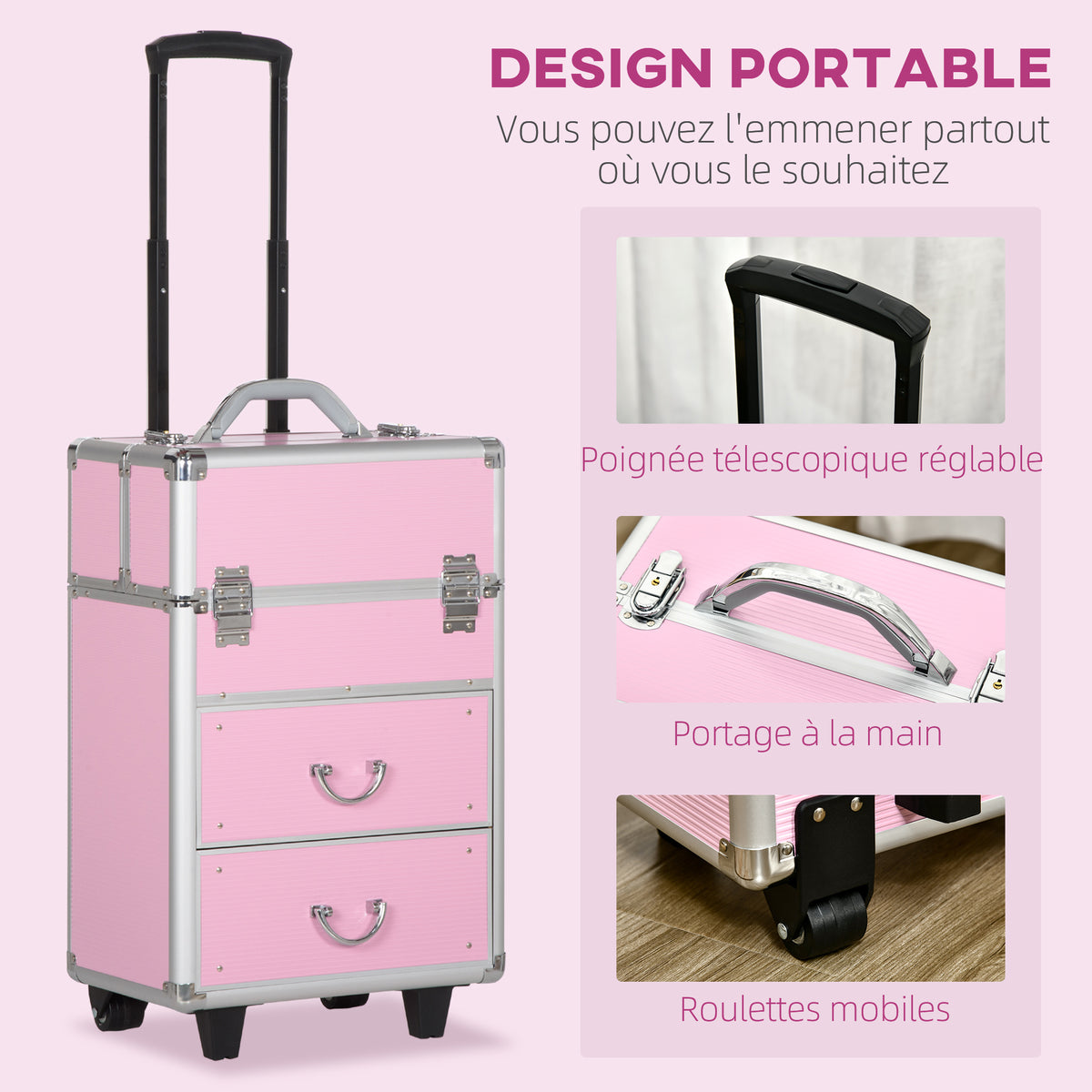 Valise trolley maquillage mallette cosmétique vanity poignée télescopique réglable 36L x 23l x 58H cm alu ABS rose