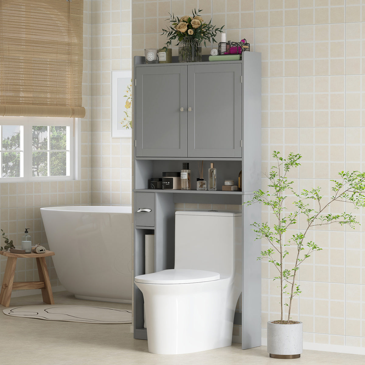 Meuble WC dessus de toilette ou machine à laver, 2 portes, 3 compartiments, porte-papier toilette, 80x19,5x170cm, gris
