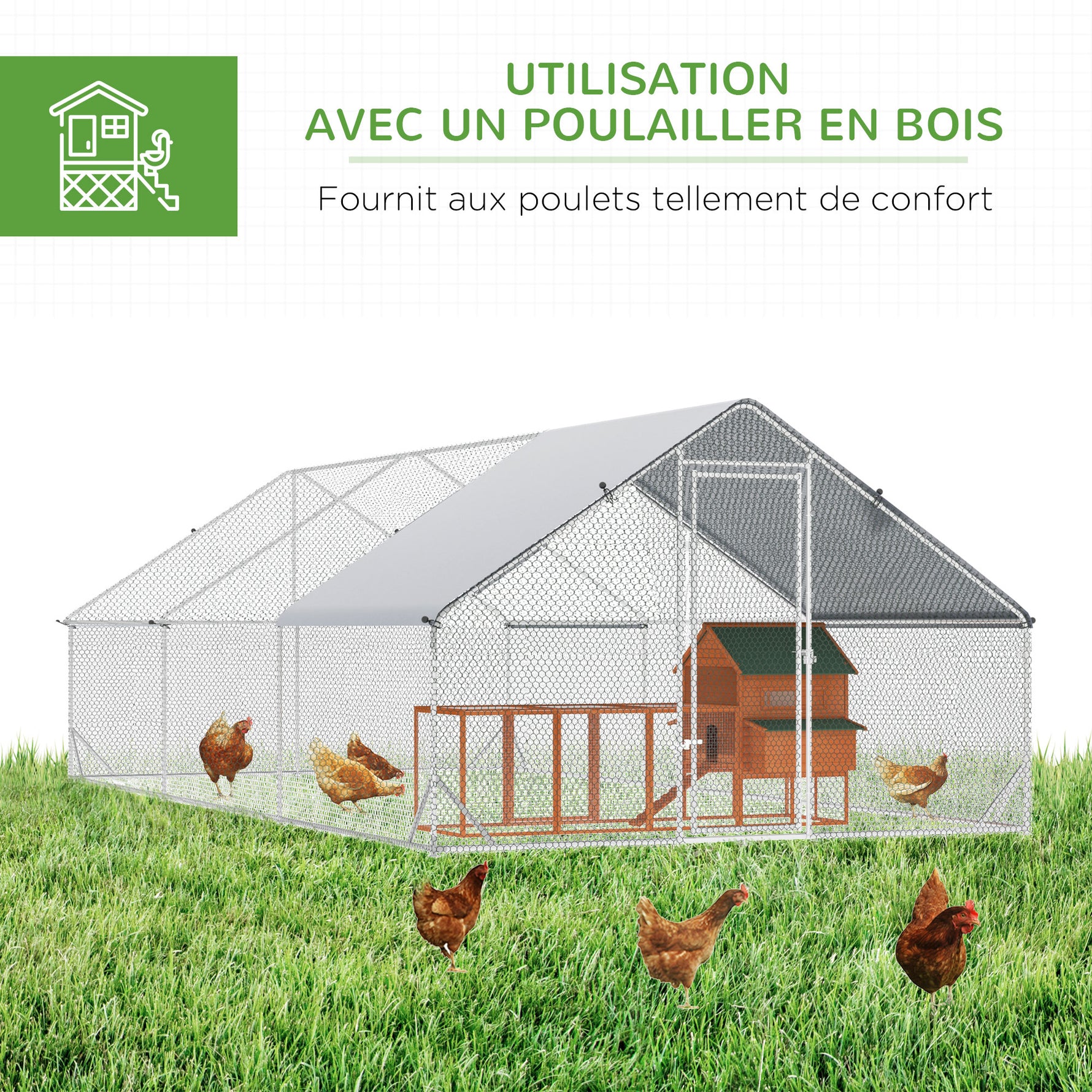 Enclos poulailler chenil volière extérieur 18 m² - Parc grillagé dim. 6L x 3l x 2H m Acier galvanisé
