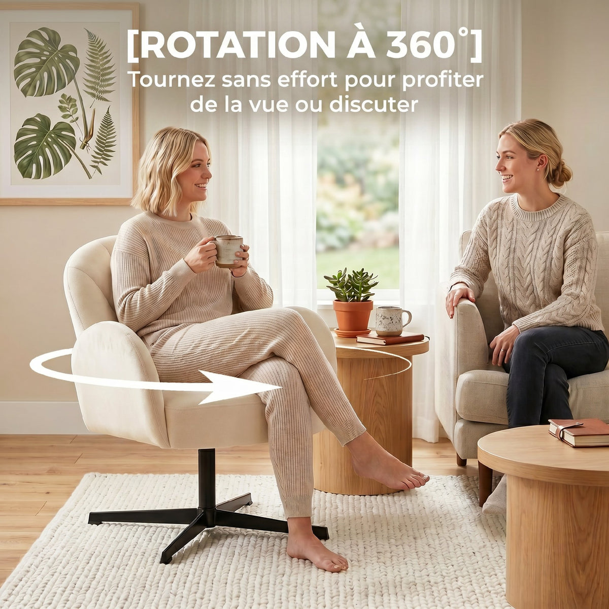 Fauteuil salon pivotant fauteuil d'appoint rembourré en velours dossier en forme de coquille coussin à ressorts beige