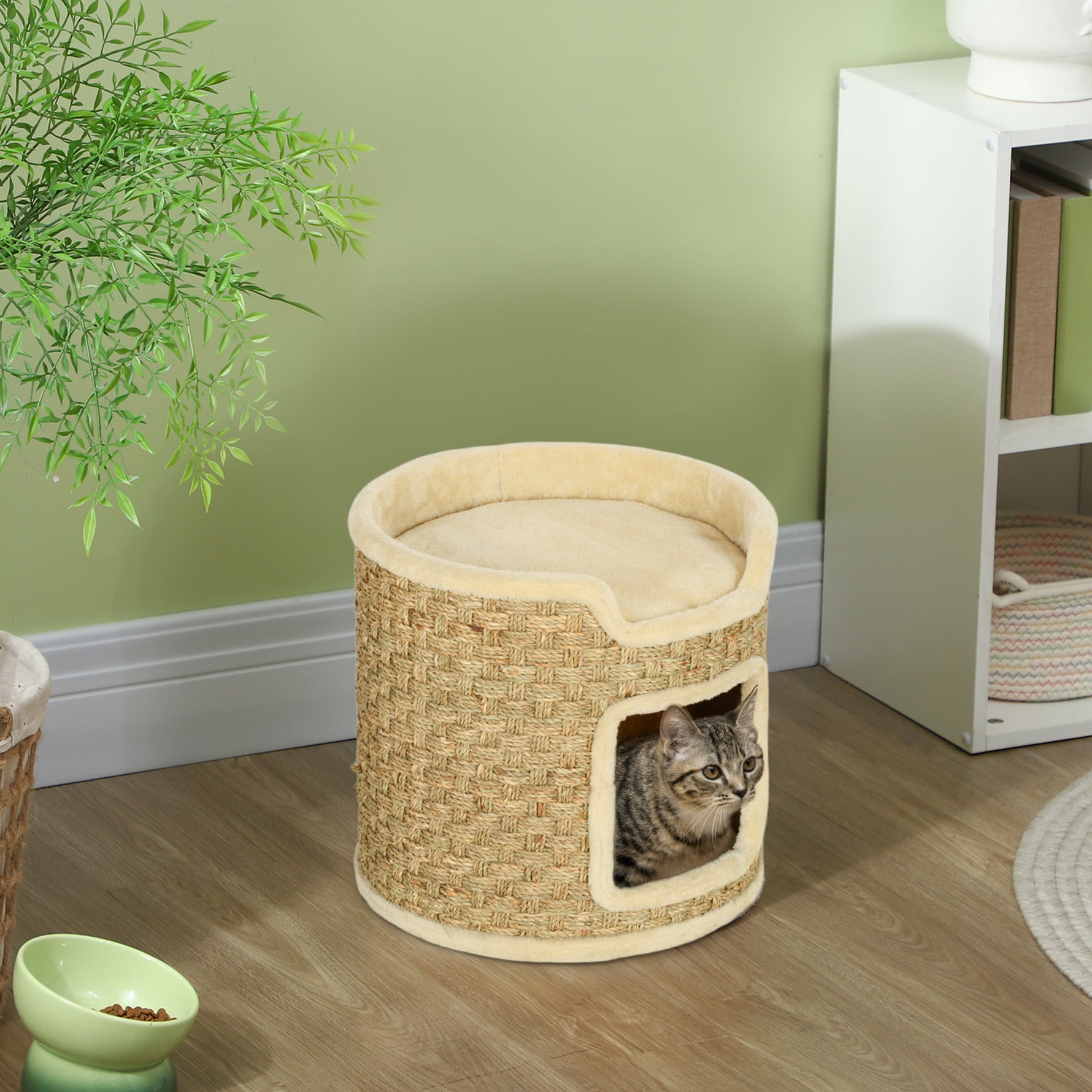Tonneau à gratter pour chat, tonneau à chat, recouvert de peluche, capacité de 5 kg, Ø 38 x 37H cm kaki et beige