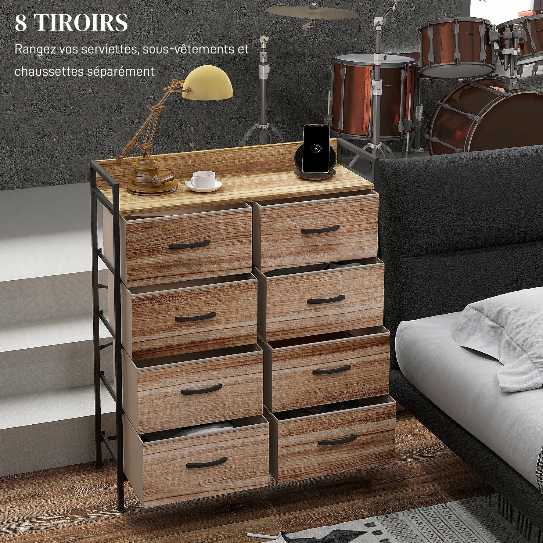 Meuble de Rangement commode 8 tiroirs en tissu amovibles, étagère supérieure et cadre acier 79L x 29l x 101H cm