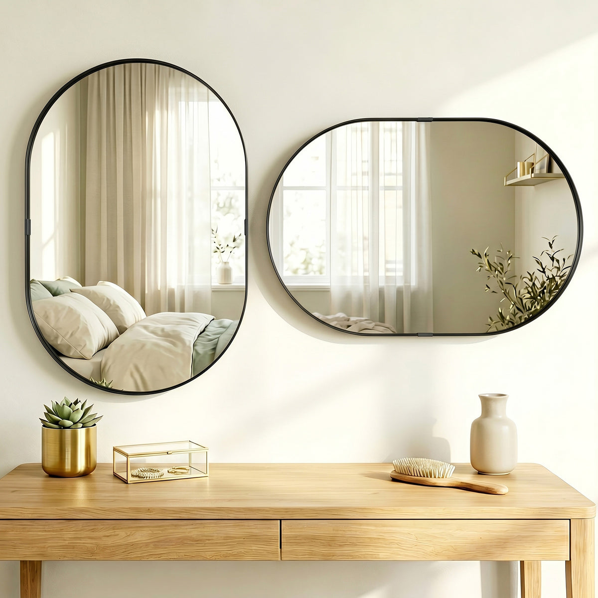 Miroir mural, miroir décoratif 60 x 90 cm en verre trempé et cadre en aluminium, pour chambre, salon, couloir, noir