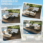 Conjunto de jardín de 4 piezas con sofá de 2 plazas, 2 sillones, 1 mesa de centro de cristal y cojines – blanco crema