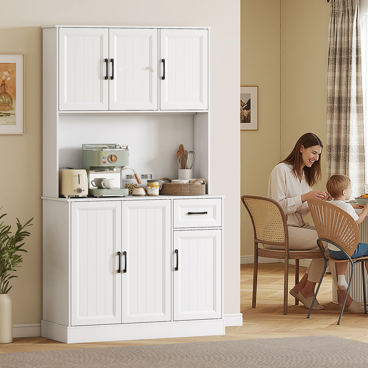 Buffet Haut Cuisine Moderne, 6 Portes, 1 tiroir, 1 Compartiment Ouvert, Étagères Réglables, 100 x 39,5 x 180,5 cm, Blanc