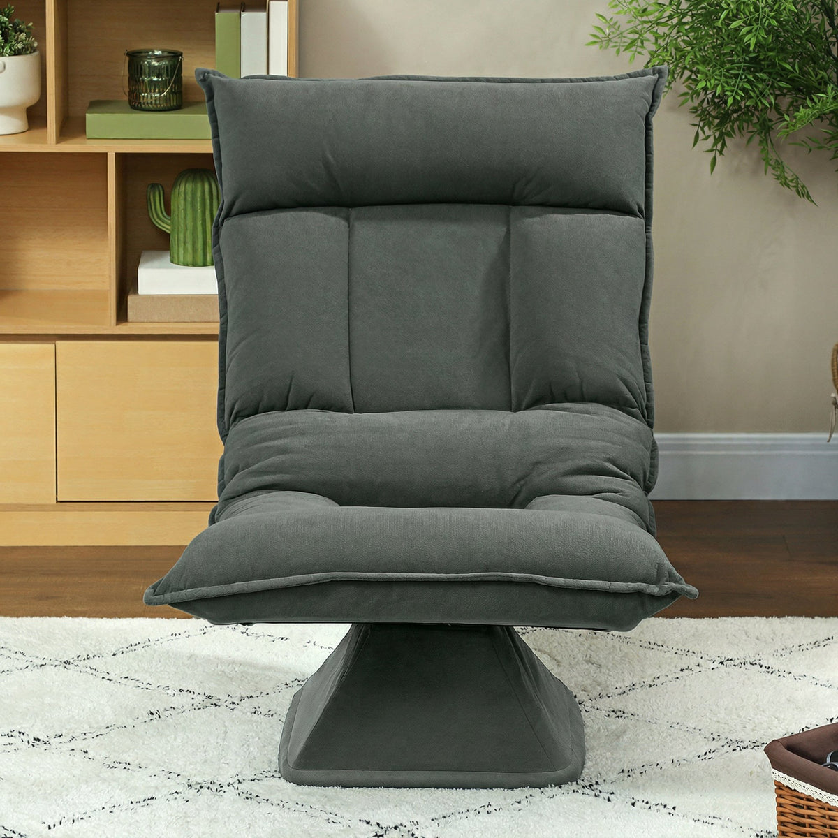 360° swivel floor chair, foldable velvet armchair with 5-position adjustable backrest, 70x62x95cm, dark gray