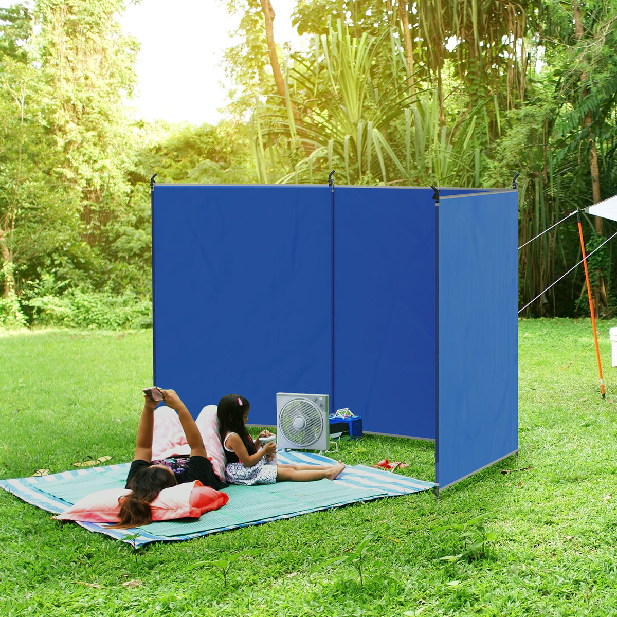 Brise-vent de camping, paravent de plage avec sac de transport, angles de fixation 450 x 150 cm, bleu
