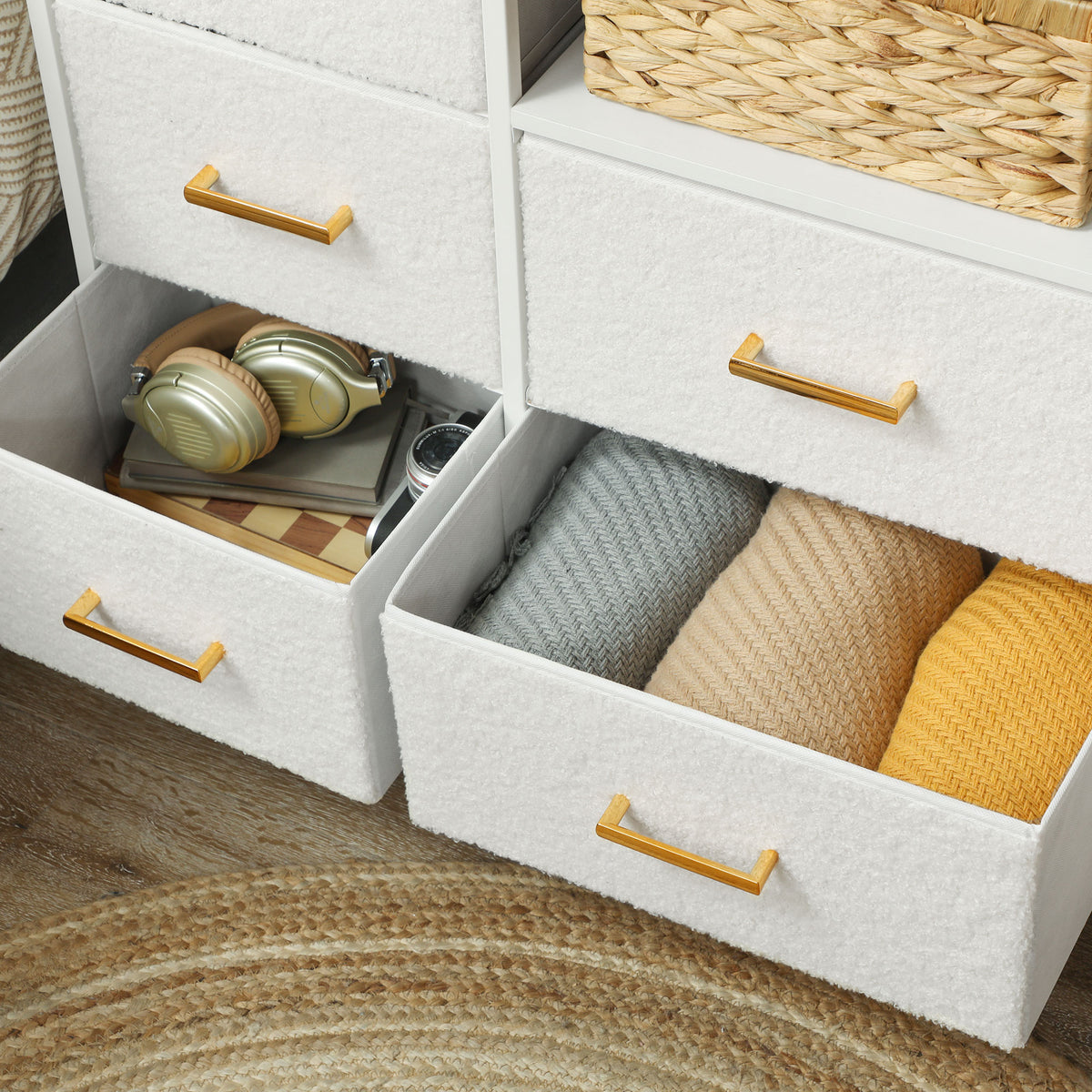 Commode 8 tiroirs en tissu bouclette, meuble de rangement avec 2 prises de courant, structure en acier 110x30x76cm crème