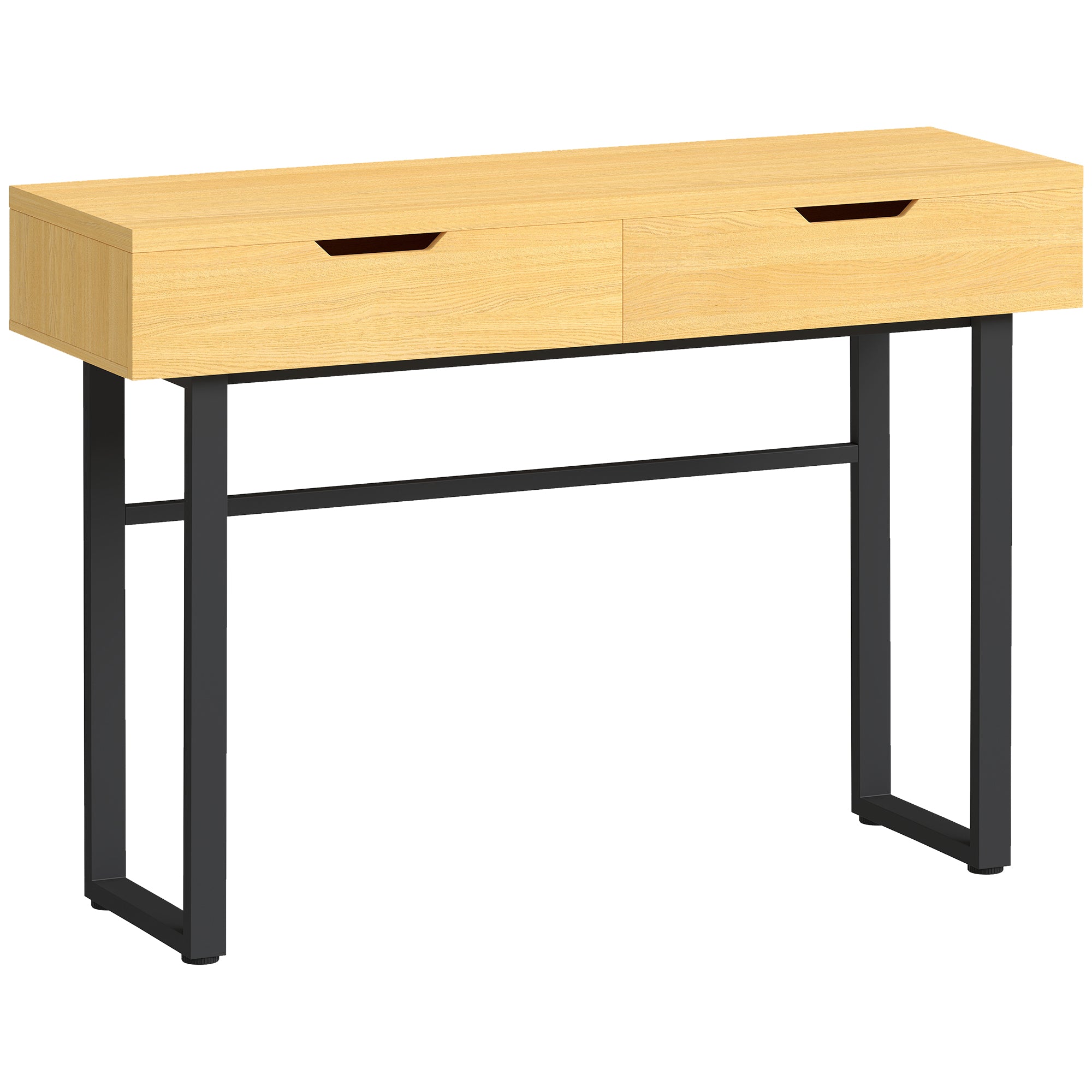 Console meuble 110 cm, table console étroite avec 2 tiroirs, cadre en métal et design sans poignées, bois naturel