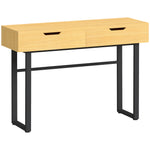 Console meuble 110 cm, table console étroite avec 2 tiroirs, cadre en métal et design sans poignées, bois naturel