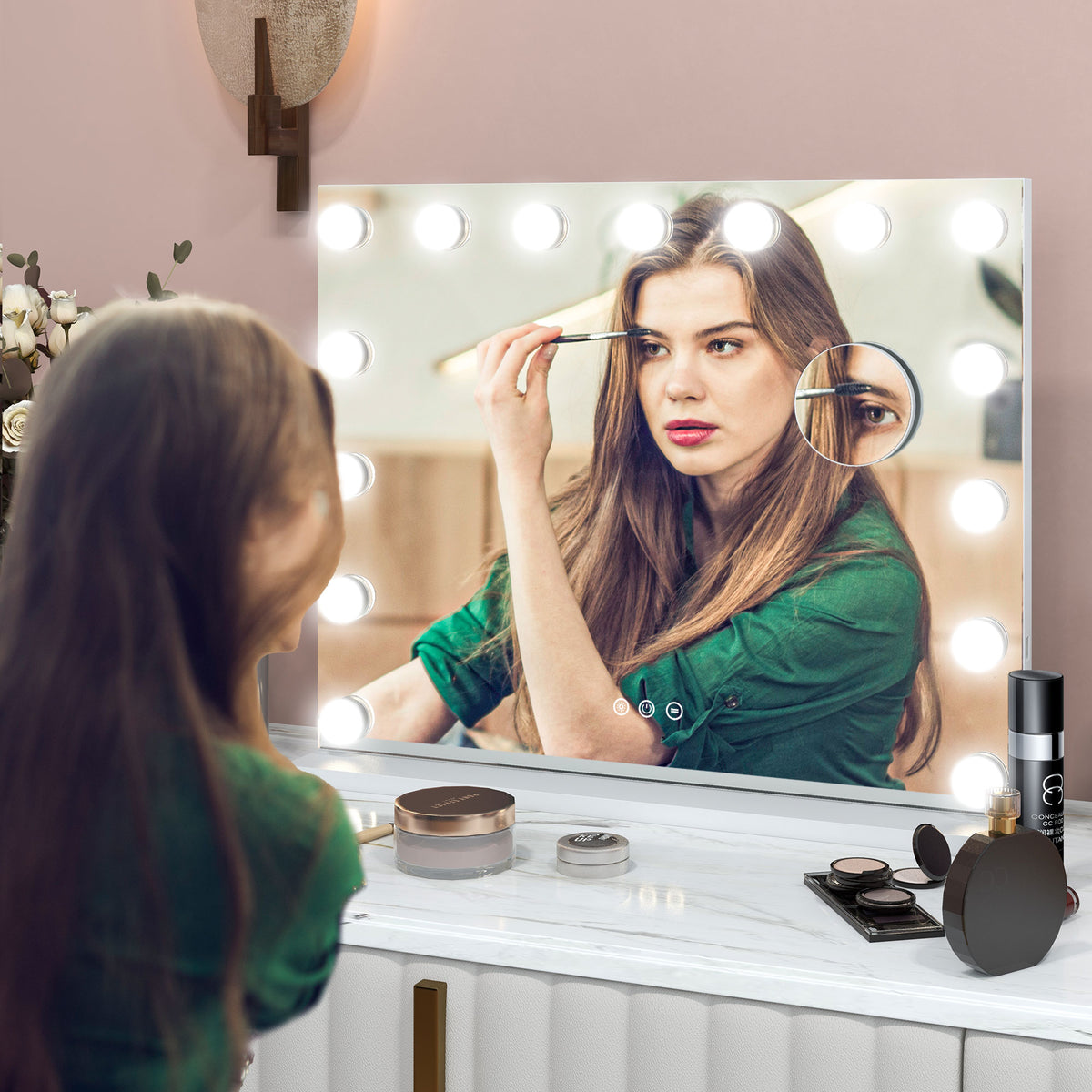 Miroir Maquillage Hollywood 58 x 48 cm, Miroir Coiffeuse LED, 15 Ampoules, 3 Modes d'Éclairage, Port USB de Charge