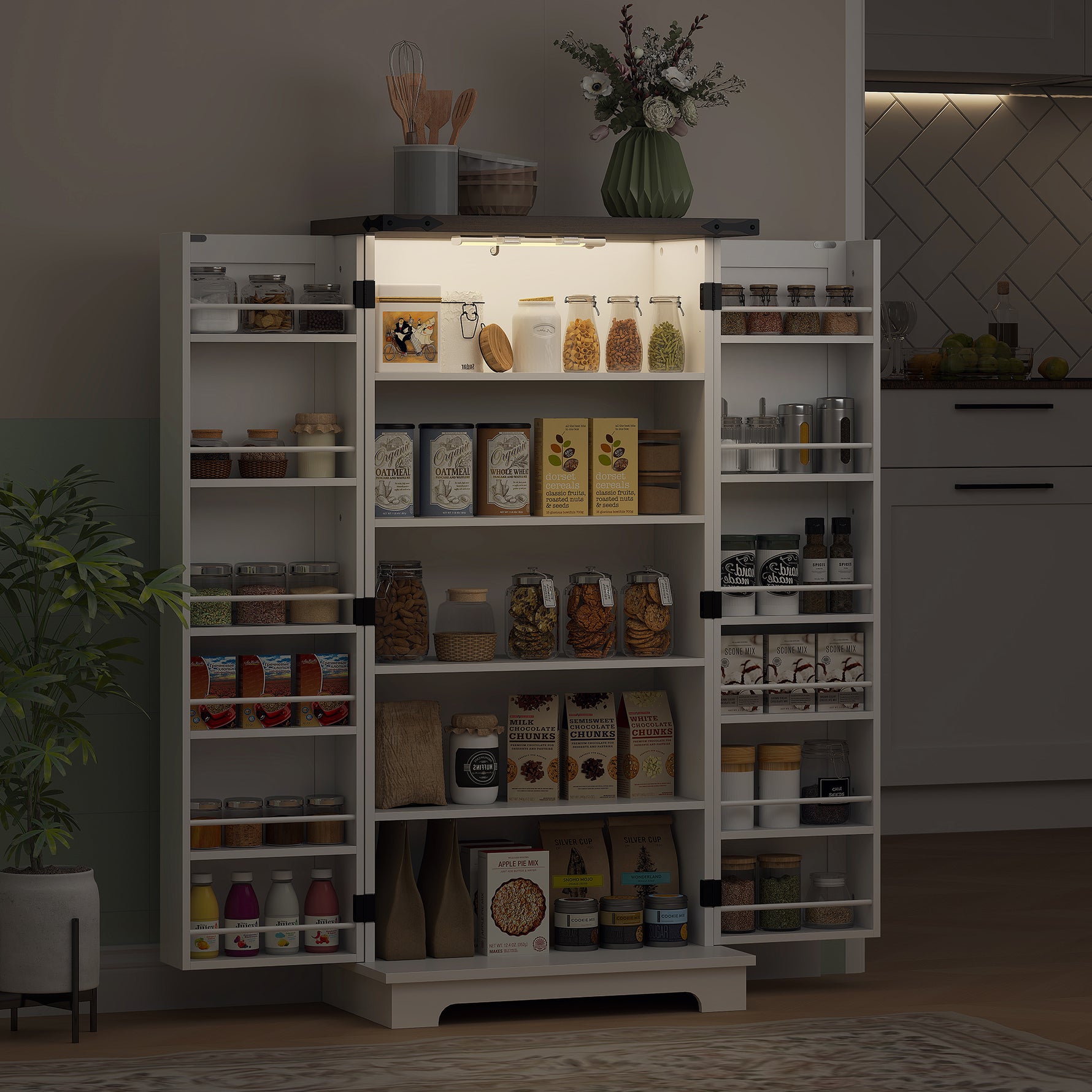 Buffet cuisine, meuble cuisine rangement, avec 12 étagères à portes, lumière LED magnétique, 60 x 40 x 120 cm, blanc