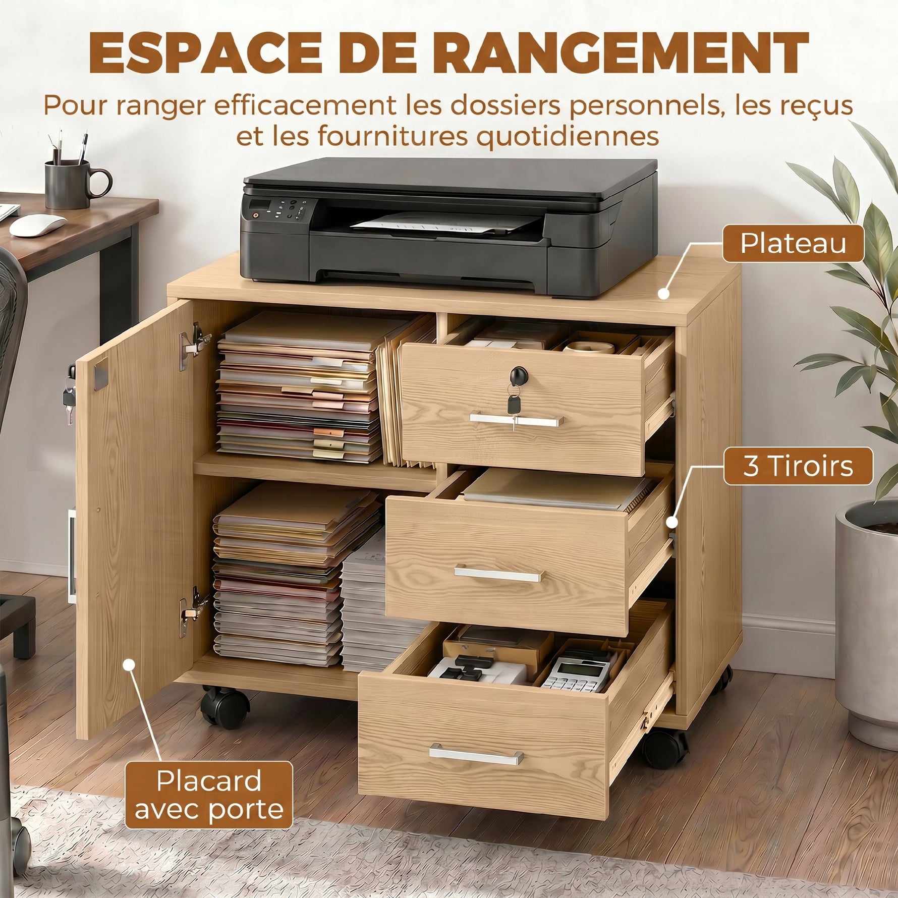 Caisson bureau meuble de rangement verrouillable avec 3 tiroirs et étagère réglable, roulettes, 40 x 60 x 56 cm, marron clair