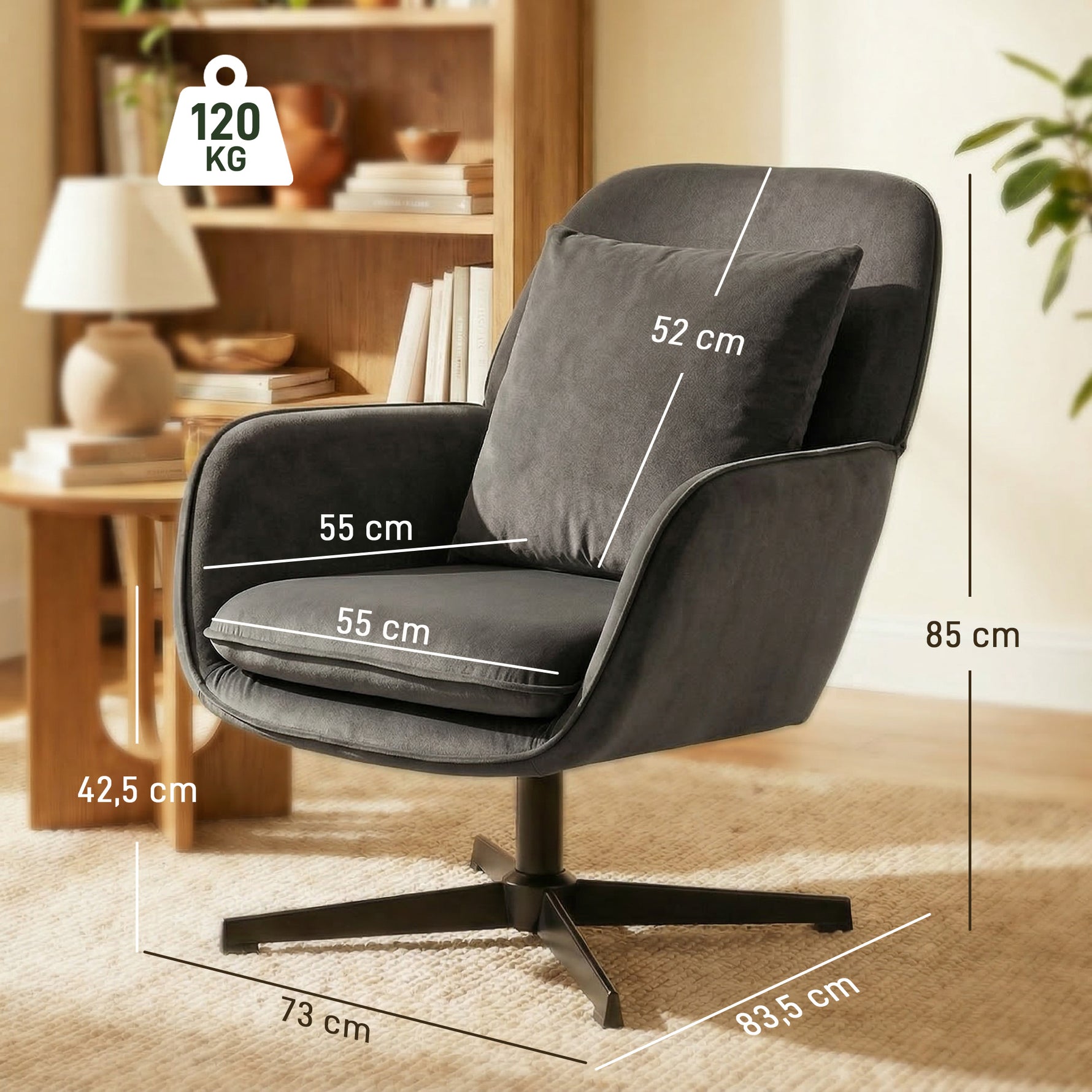 Fauteuil salon, fauteuil d'appoint rembourré en velours avec large assise, coussin et structure en métal, gris foncé