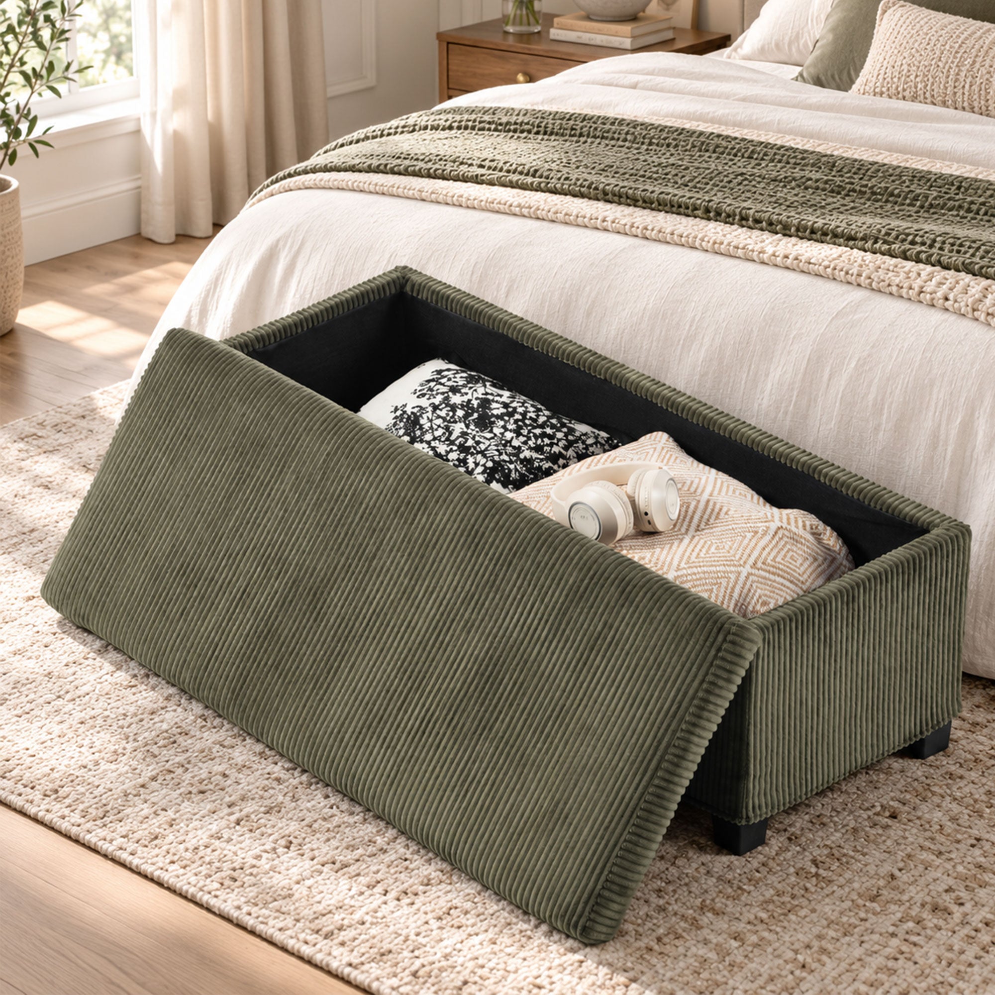 Panca Contenitore, Fondo Letto in Velluto a Coste con Coperchio, per Soggiorno, Camera da Letto, Ingresso, 112x42x40 cm, Verde Chiaro