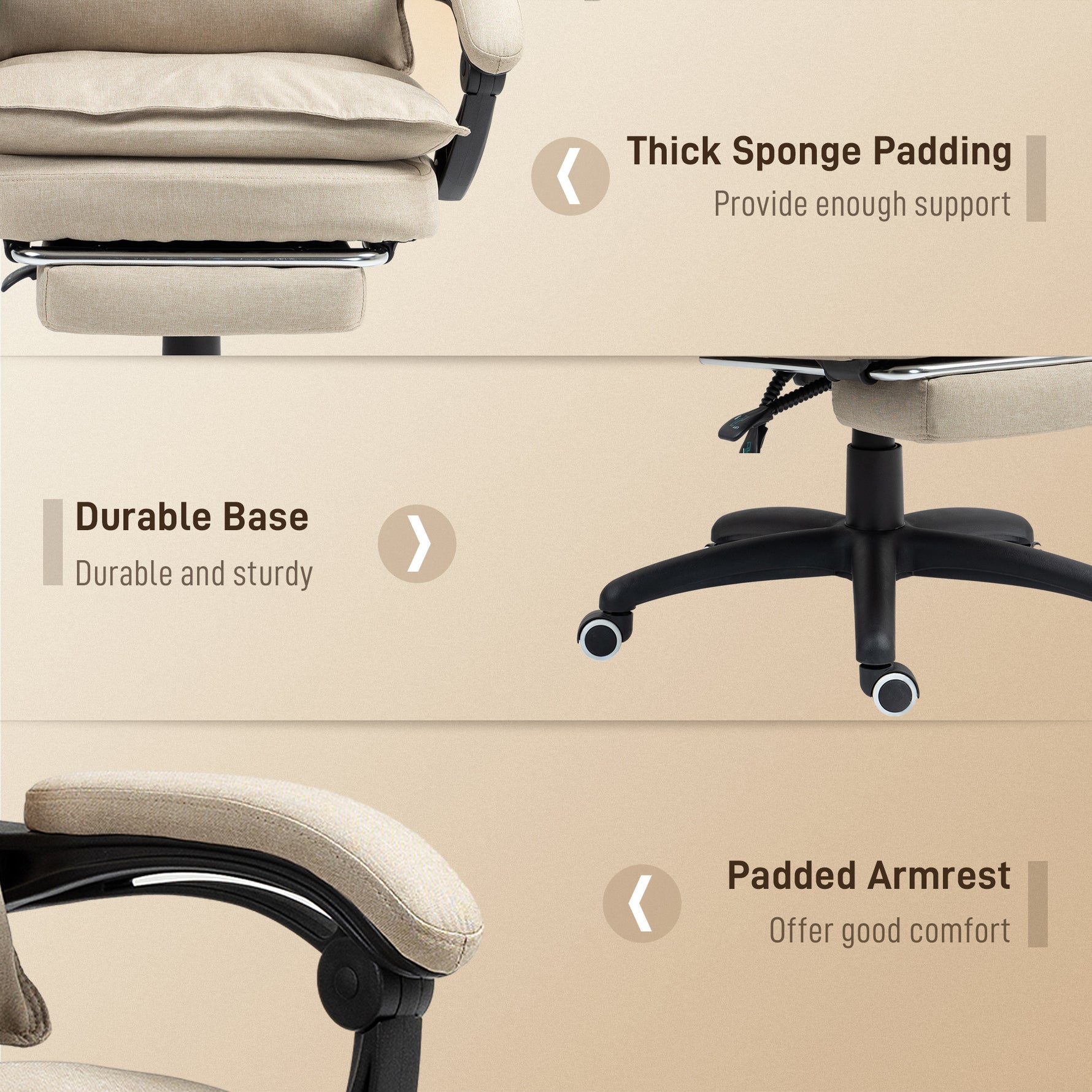 Fauteuil de bureau massant avec hauteur réglable, dossier inclinable, repose-pied intégré et télécommande filaire beige