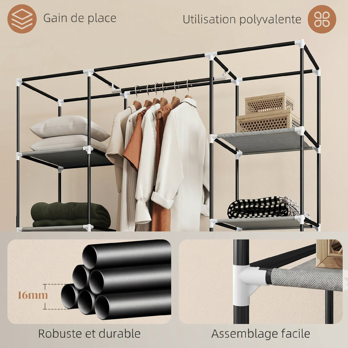 Armoire de rangement penderie en tissu pliable avec barre de suspension et étagères, 150 x 43 x 162,5 cm, gris clair