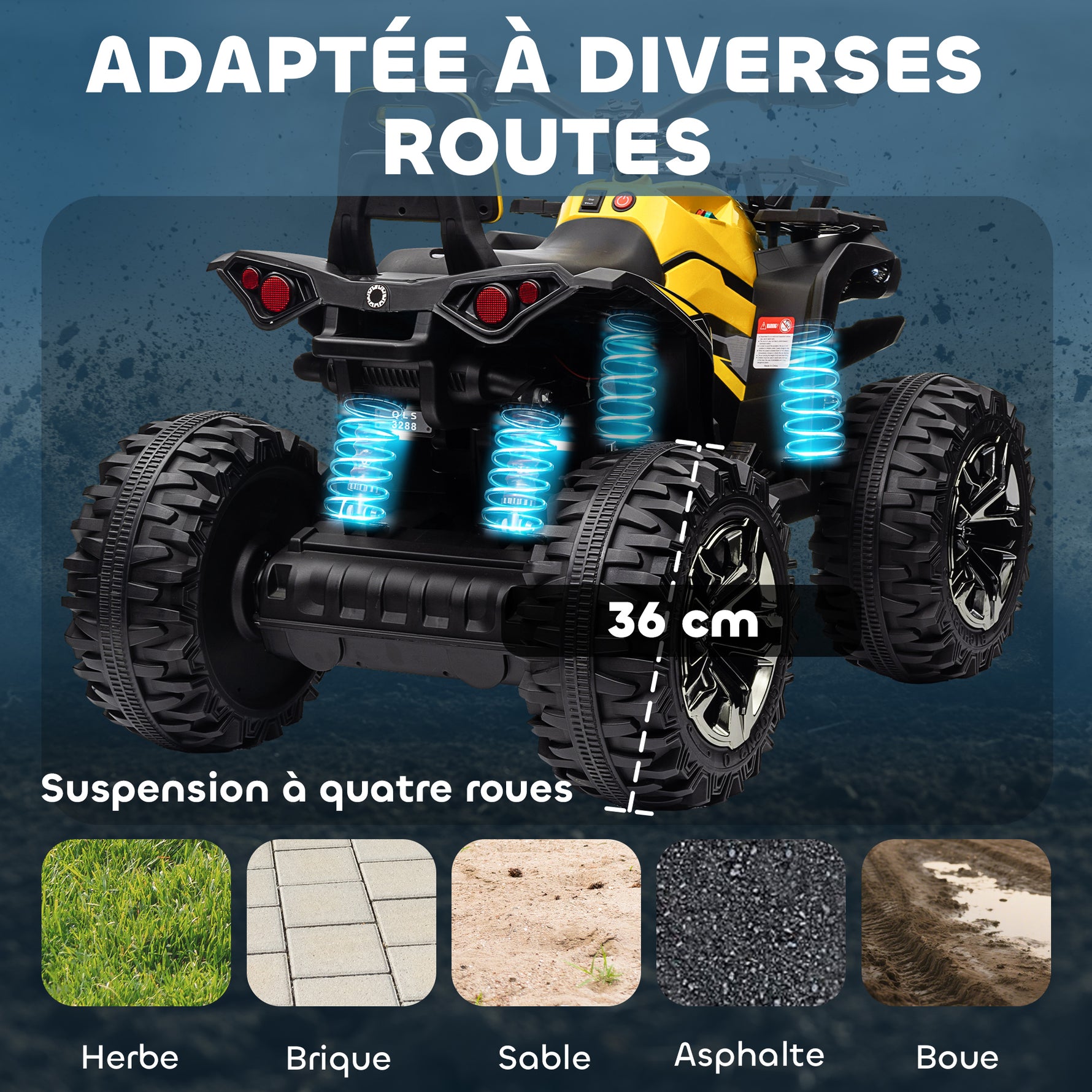Quad Buggy électrique Enfant 12 V 8 Km/h Max. Voiture électrique Enfant avec Effets Lumineux sonores Selle avec Dossier Porte-Bagage Avant métal PP Jaune Noir