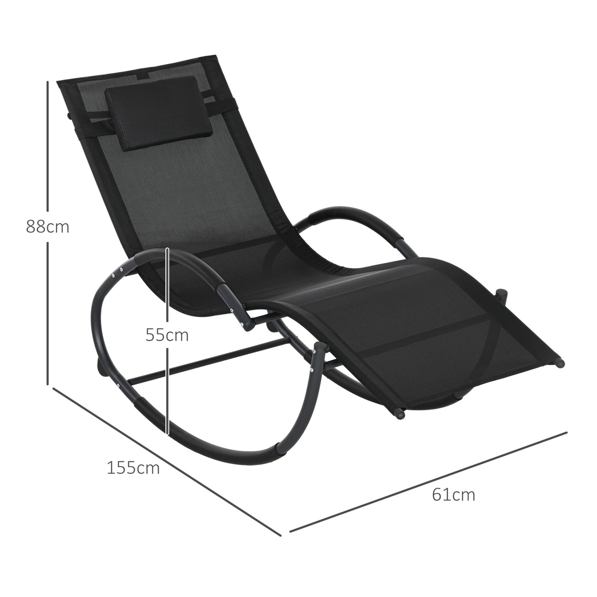 Chaise longue à bascule avec tétière utilisation extérieure intérieure noir