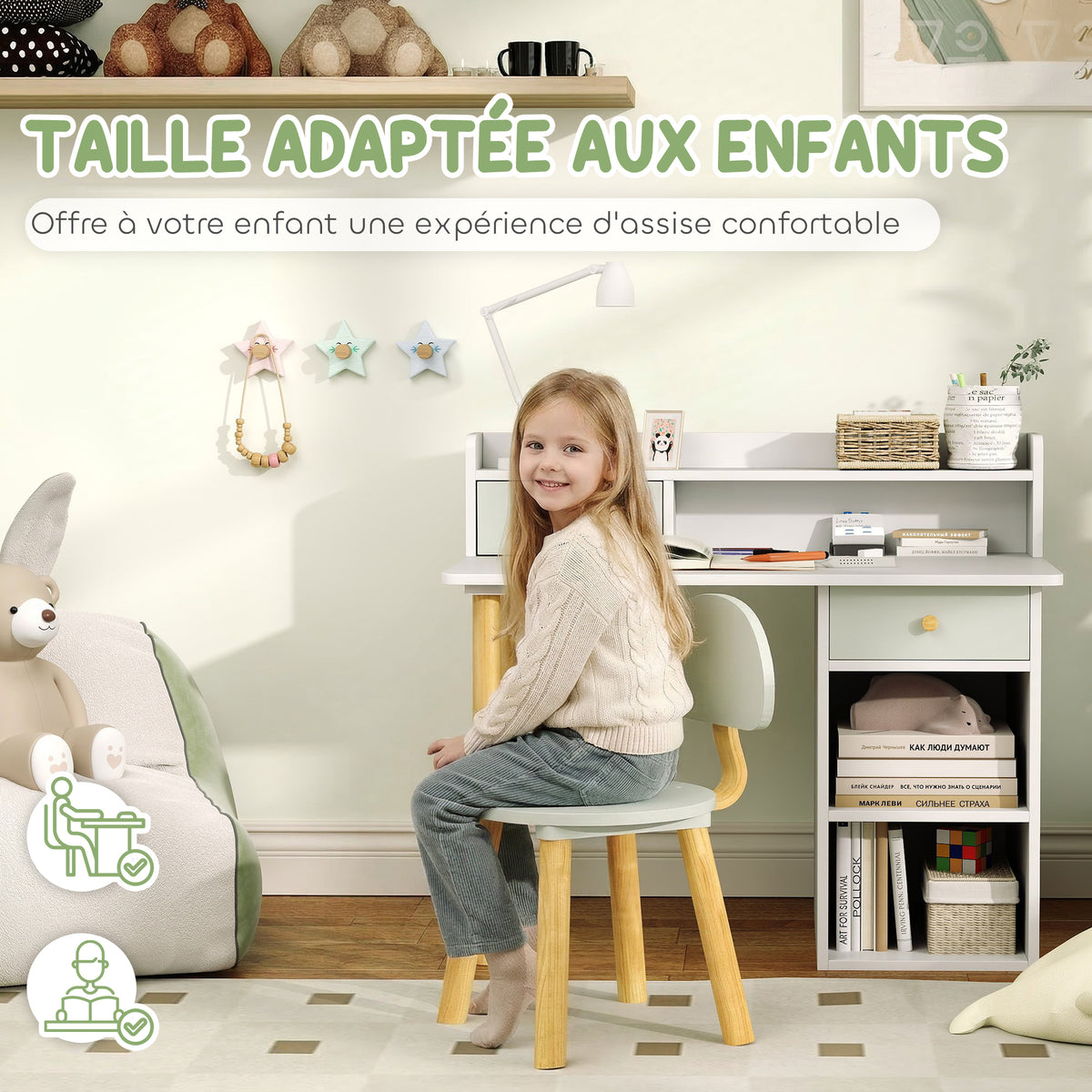 Bureau enfant avec chaise, table enfant et chaise avec 2 tiroirs et étagères ouvertes, 85 x 48 x 73 cm, vert