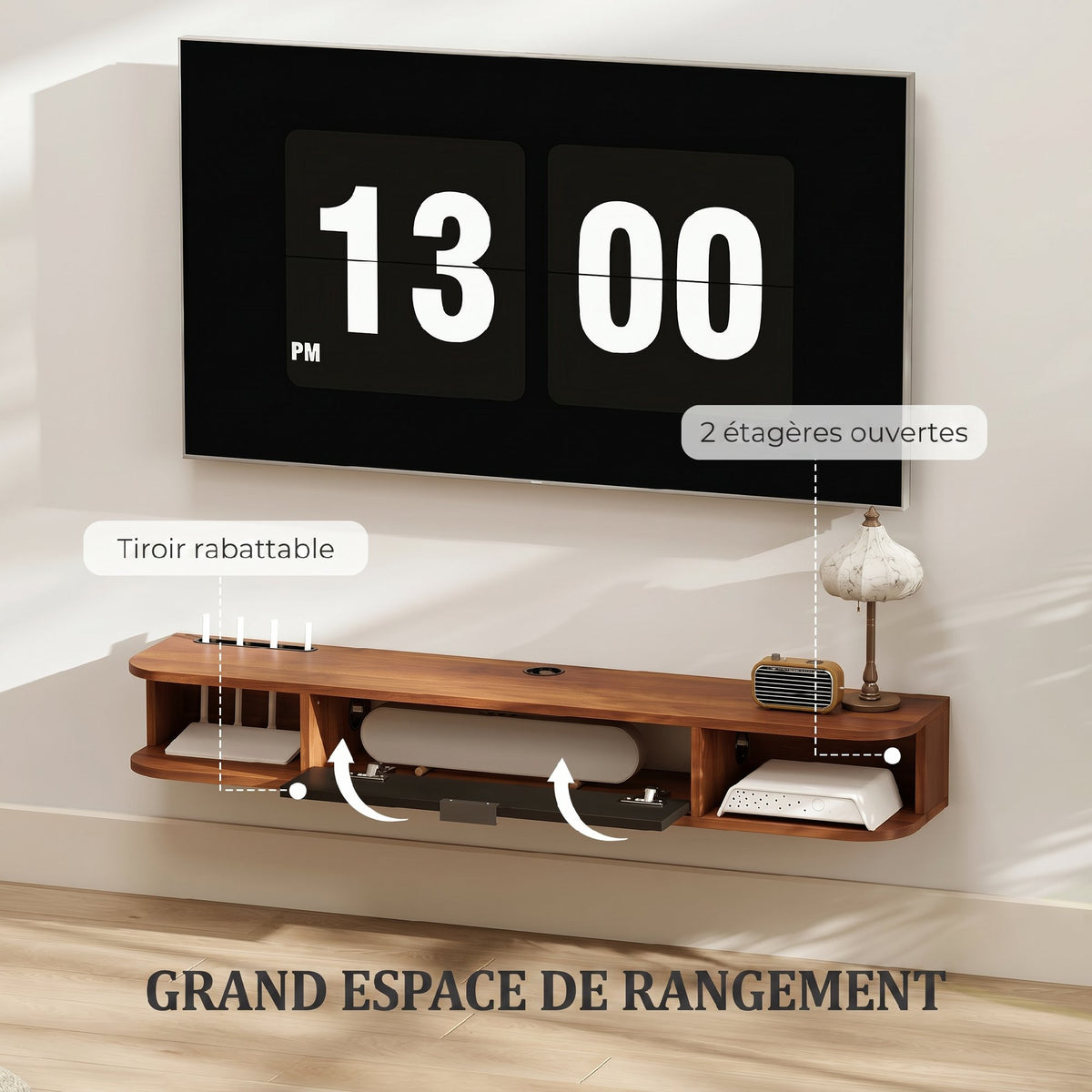 Meuble TV Suspendu, Meuble Télé pour Téléviseur jusqu'à 50 Pouces, Tiroir Rabattable, 2 Étagères, 120x24x16cm, Noyer