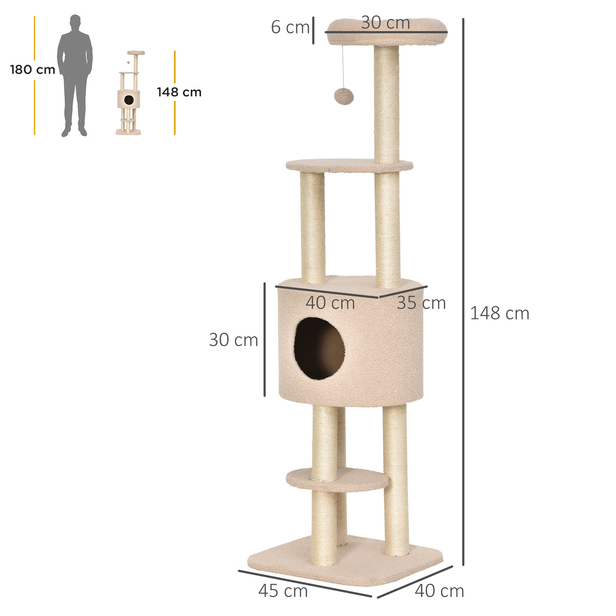 Krabpaal met krabplank, klimboom voor katten, kattenhuis en platforms, pluche met hoge dichtheid, 148 cm, beige