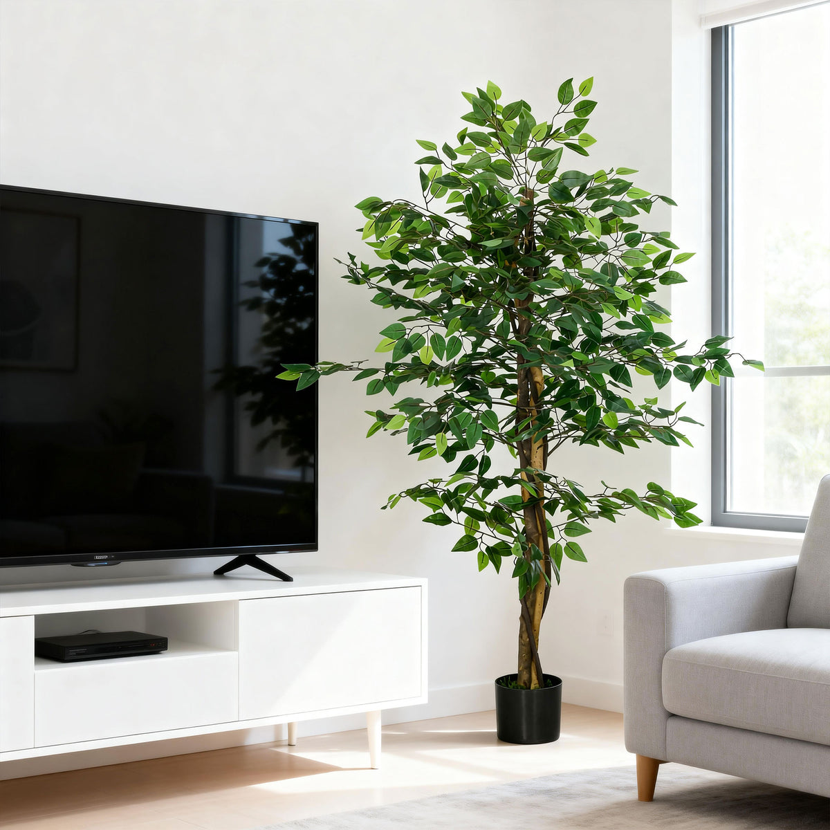 Plante artificielle ficus hauteur 1,50 m tronc branches liane lichen feuilles grand réalisme pot inclus vert