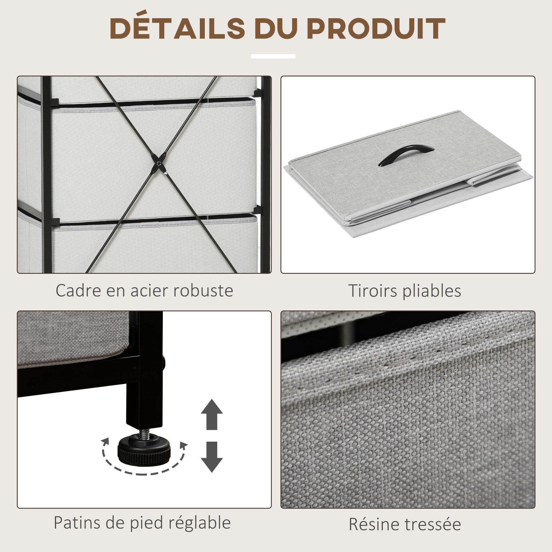 Commode 5 tiroirs meuble de rangement tiroir en tissu pliant - structure acier noir - 45 x 30 x 116 cm gris