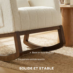 Fauteuil à bascule, rocking chair en flanelle neige rembourré, coussin lombaire, dossier haut, poches latérales, crème