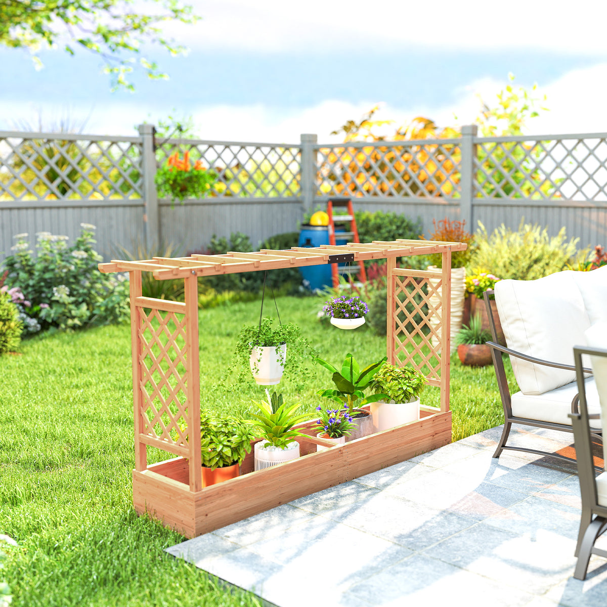 Jardinière surélevée avec treillis latéral et supérieur, bac à fleurs trous de drainage, 200x44x113,5cm, bois naturel