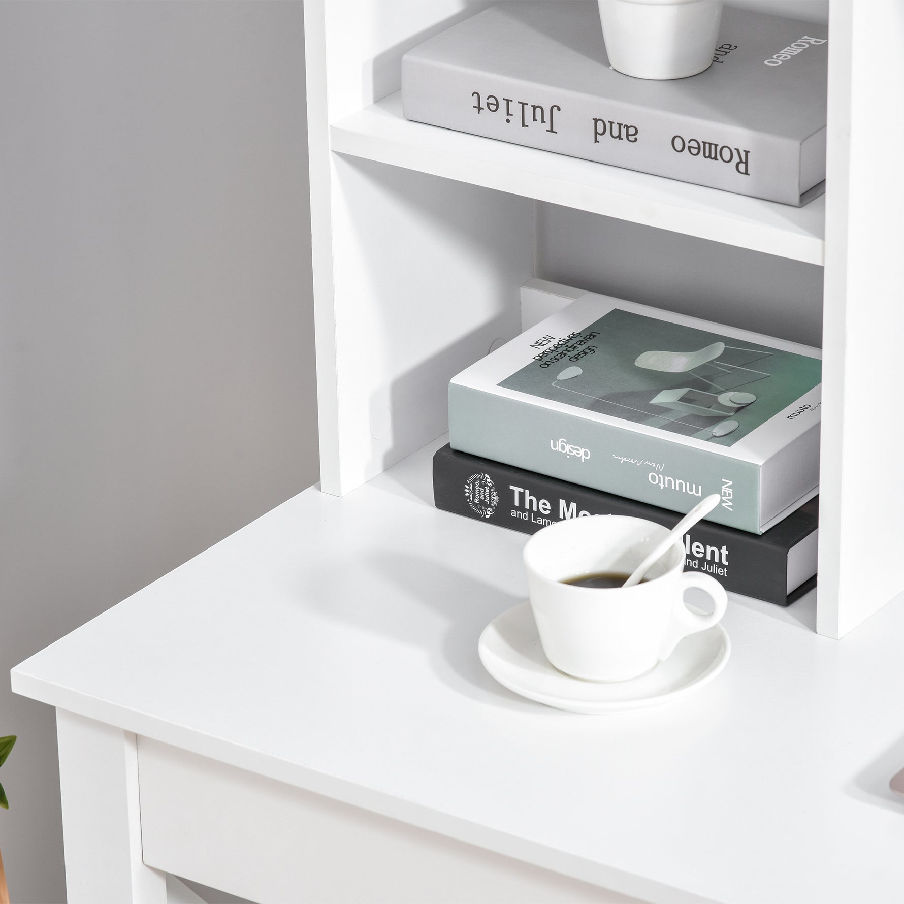 Bureau avec rangement bibliothèque en bois moderne avec étagères et grand plateau pour petits espaces maison chambre à coucher, 105 x 50 x 137,5 cm, blanc