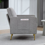 Fauteuil en tissu avec pieds en acier doré, grand confort, pochettes latérales, pour salon, bureau, chambre, gris