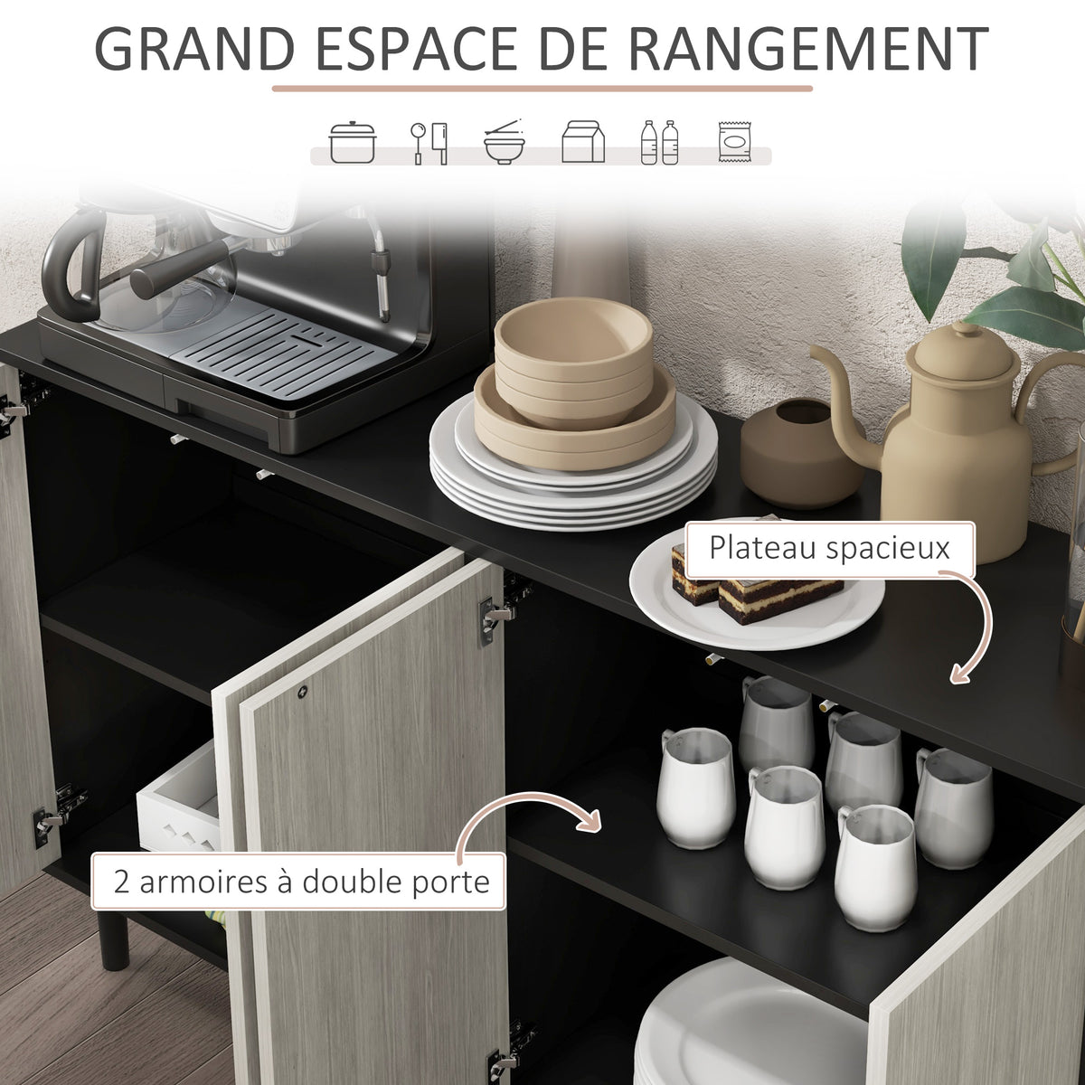 Buffet de cuisine meuble de rangement 2 placards avec étagères réglables, 121 x 37 x 75 cm, noir et aspect bois gris