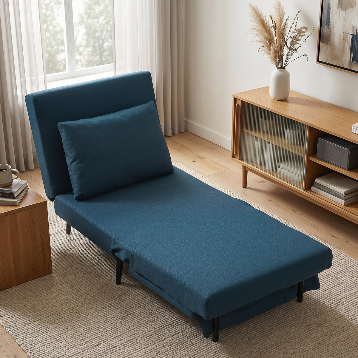 Schlafsofa 1-Sitzer, 3-in-1 Schlaf-Sessel mit verstellbarer Rückenlehne, Kissen, breiter Sitzfläche, Blau