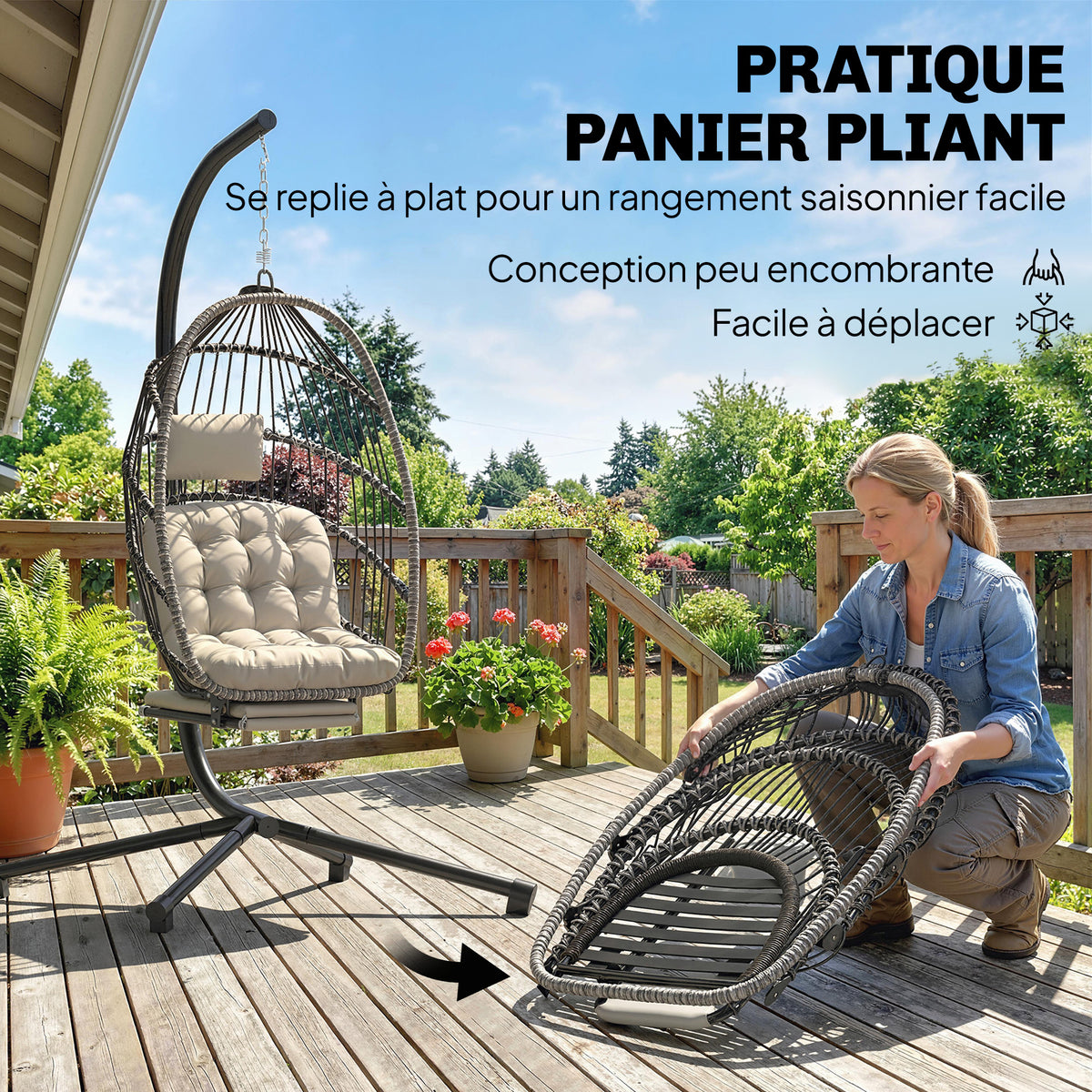 Fauteuil suspendu avec support, chaise suspendue pliante avec repose-pieds rétractable, gris clair