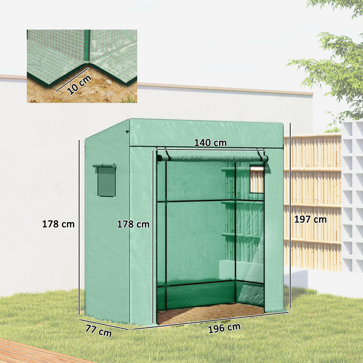 Serra da giardino a parete con 1 porta avvolgibile, telo in PE rinforzato, 2 finestre, dim. 196L x 77l x 197/178A cm