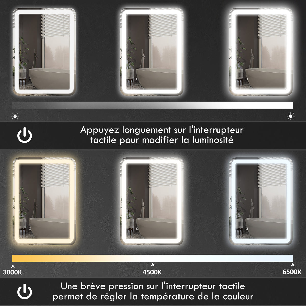 Miroir de salle de bain rectangulaire LED fonction anti-buée luminosité réglable fonction mémoire 70 x 50 cm argent