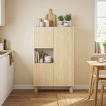 Buffet salon, meuble de rangement à 6 compartiments et portes à fermeture amortie, 80x40x135cm, blanc et bois naturel