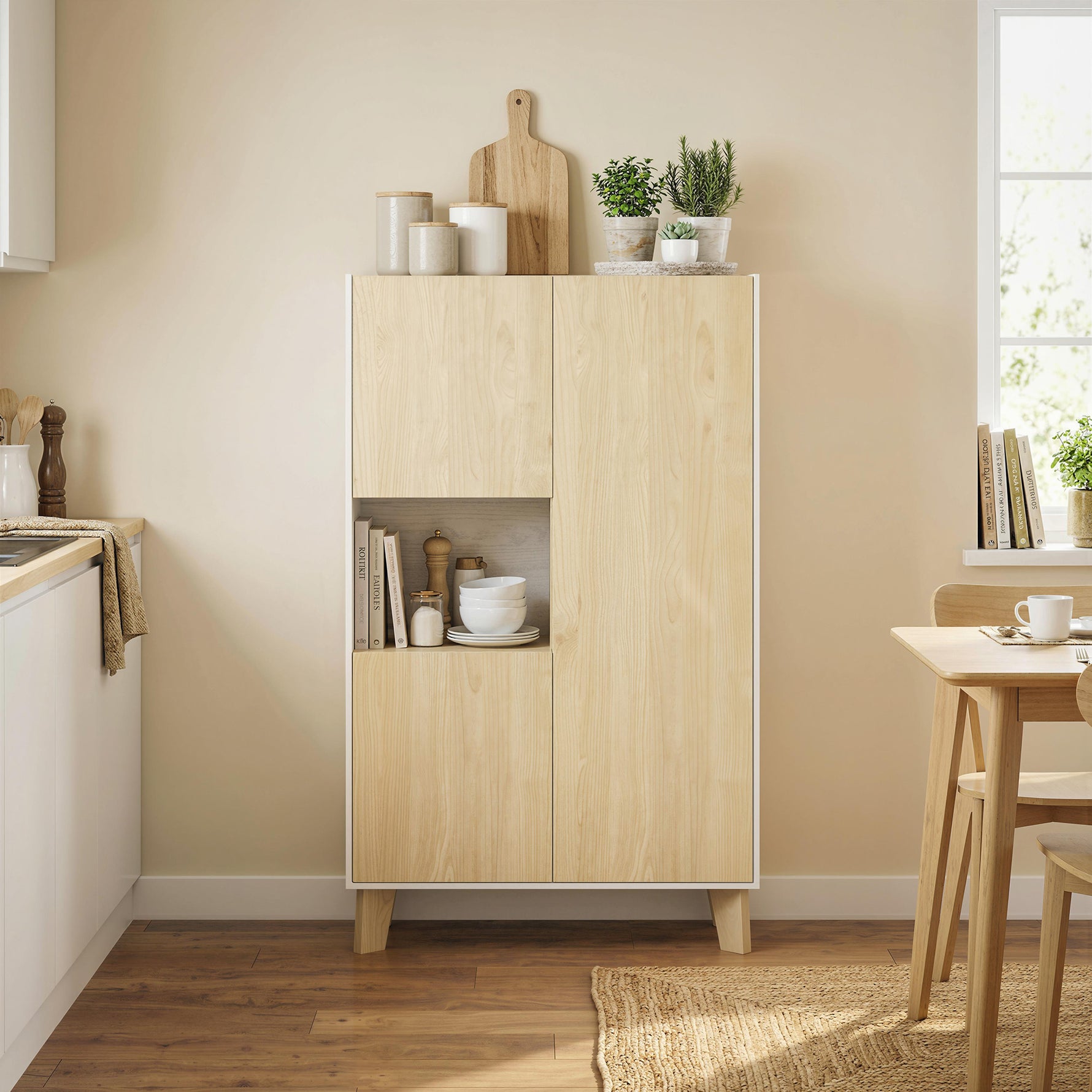 Buffet salon, meuble de rangement à 6 compartiments et portes à fermeture amortie, 80x40x135cm, blanc et bois naturel