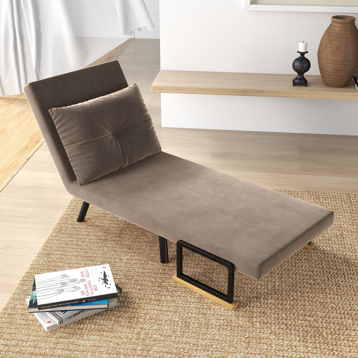 Fauteuil convertible 4 en 1 lit 1 place dossier 5 positions, accoudoirs en bois et coussin, tissu effet velours, marron