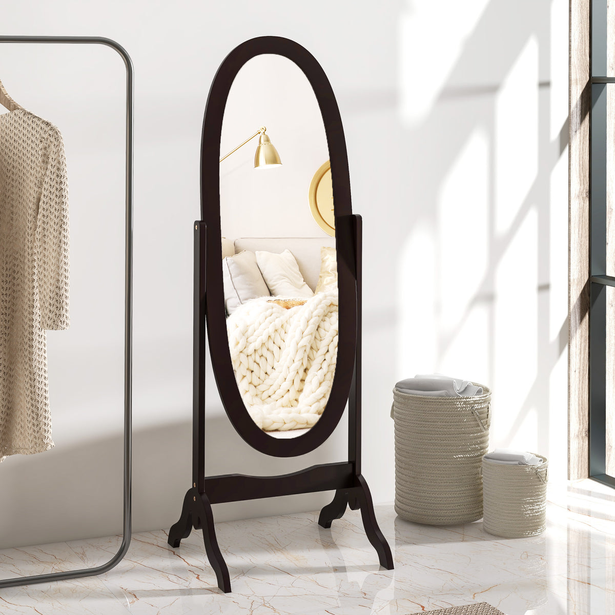 Miroir à pied ovale style shabby chic inclinaison réglable 48 x 46 x 147 cm mdf café
