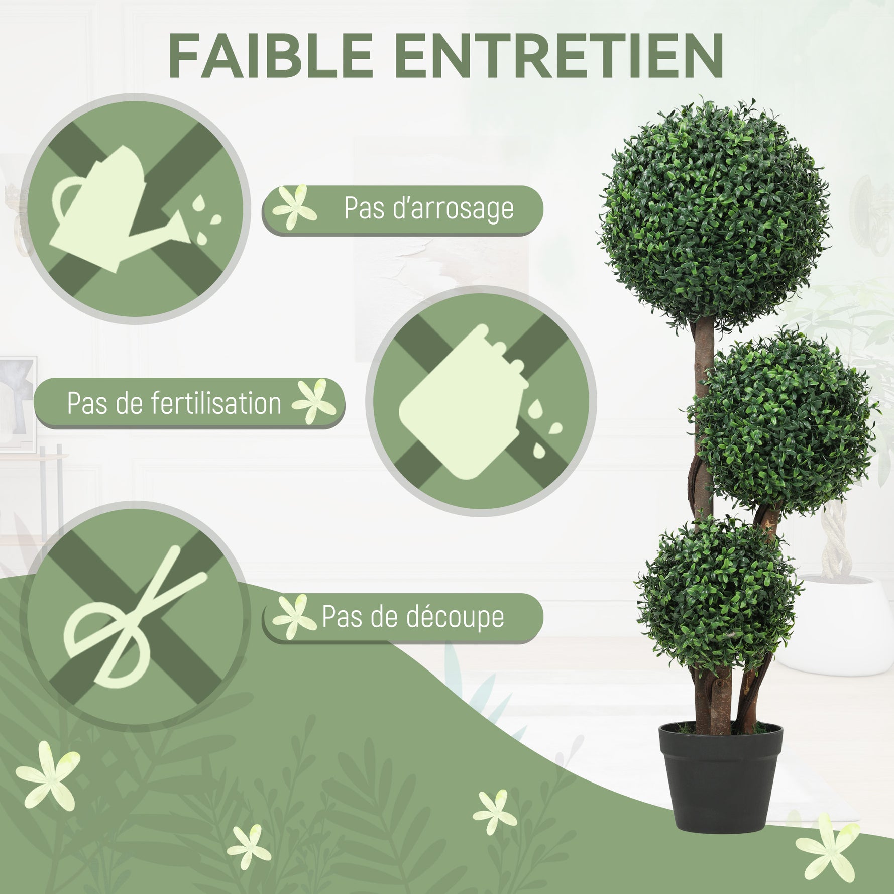Plante Artificielle 100 cm, 3 Boules de Buis, Pot, Facile à Nettoyer, Arbre Artificiel Intérieur Extérieur, Vert
