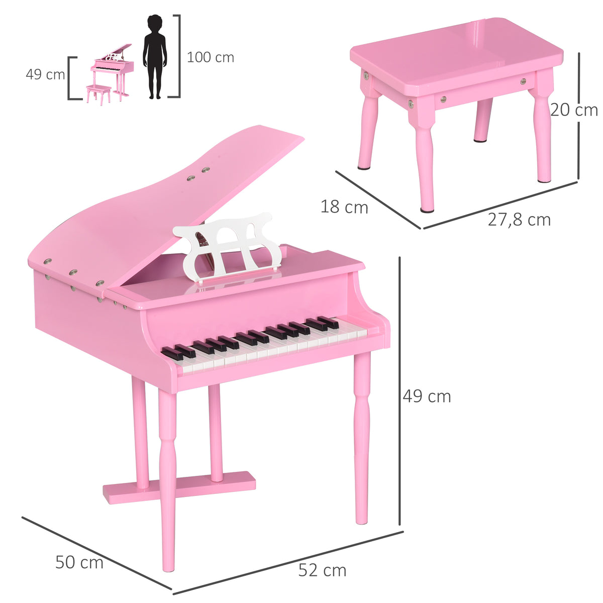 Kinder-Flügel aus Holz Kinderklavier 30 Tasten - inkl. Hocker und Notenständer - Musikinstrument - MDF rosa