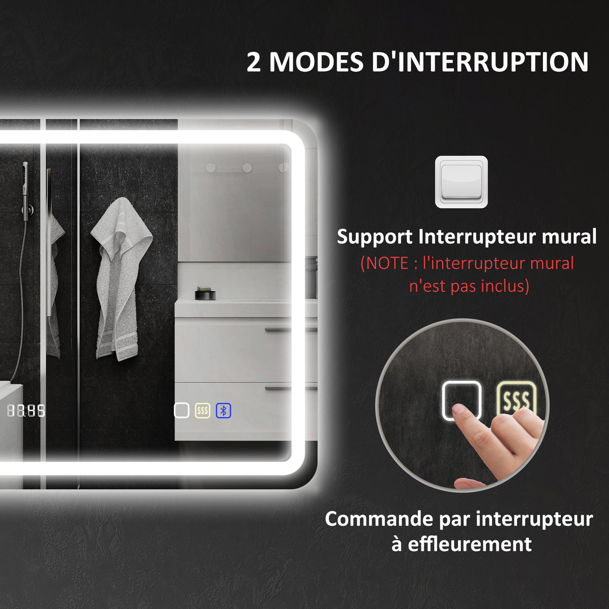 Miroir salle de bain Bluetooth avec éclairage LED 50 x 70 cm, miroir lumineux mural avec horloge, antibuée, argenté