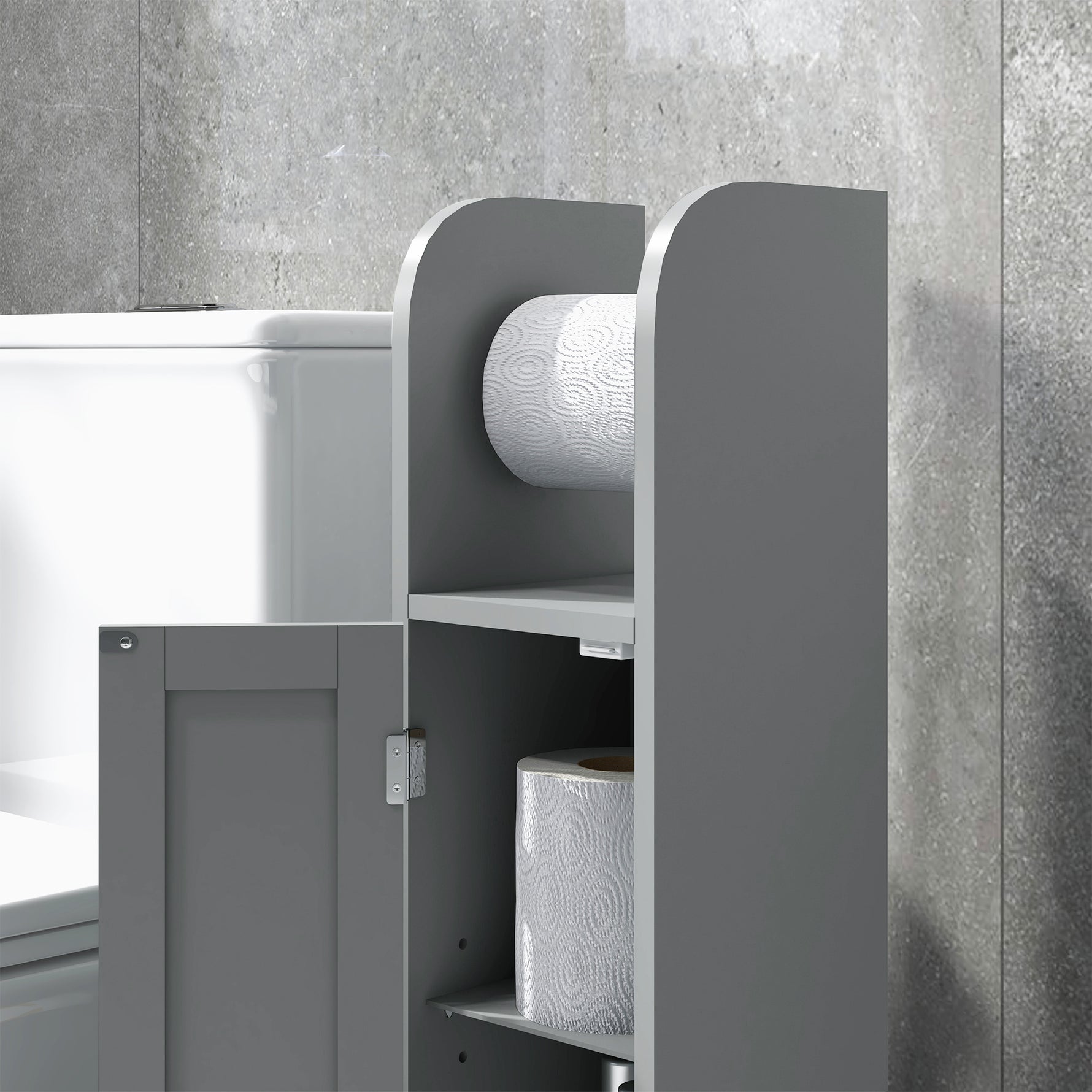 Meuble de salle de bain support papier toilette avec placard et étagères réglables 20 x 20 x 80 cm gris