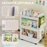 Bibliothèque pour enfant avec roulettes, rangement livre enfant de 3 à 8 ans avec tableau noir, 66,5x32,5x86,5cm, blanc