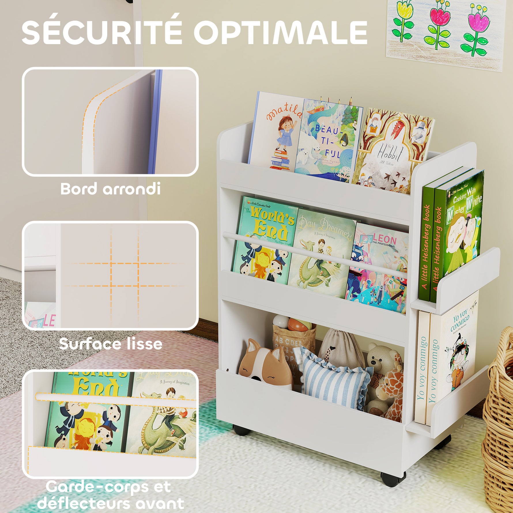 Bibliothèque pour enfant avec roulettes, rangement livre enfant de 3 à 8 ans avec tableau noir, 66,5x32,5x86,5cm, blanc