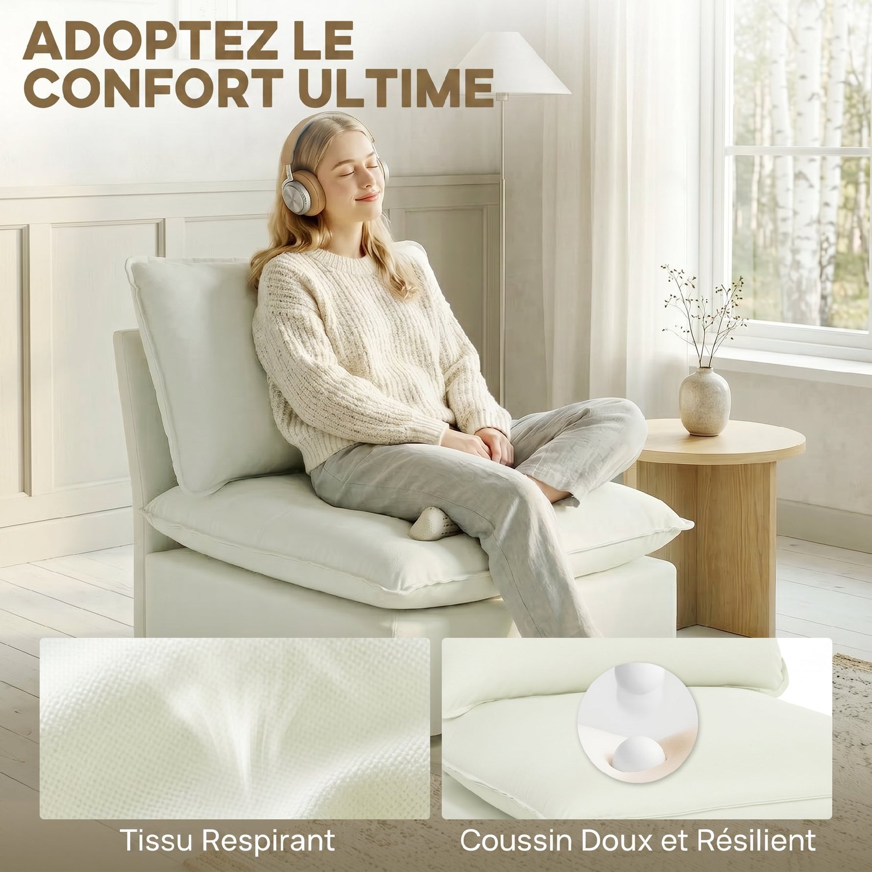 Fauteuil de salon, canapé 1 place moderne sans accoudoirs avec assise large, coussins épais, 146x85x78cm, crème