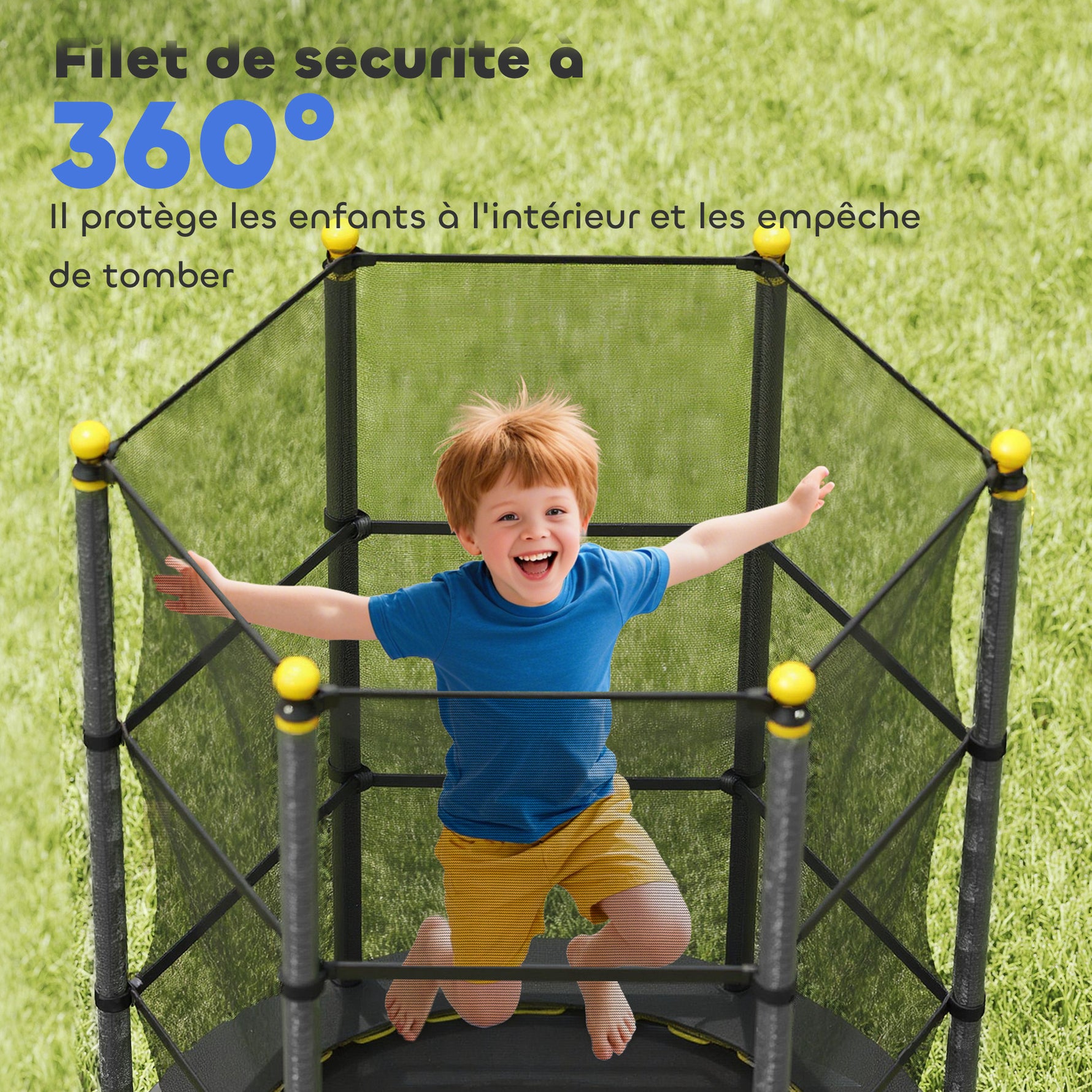 Trampoline Enfant Ø 1,40 × 1,90H m Filet de sécurité Porte zipée Couvre-Ressorts 6 poteaux rembourrés Inclus Noir